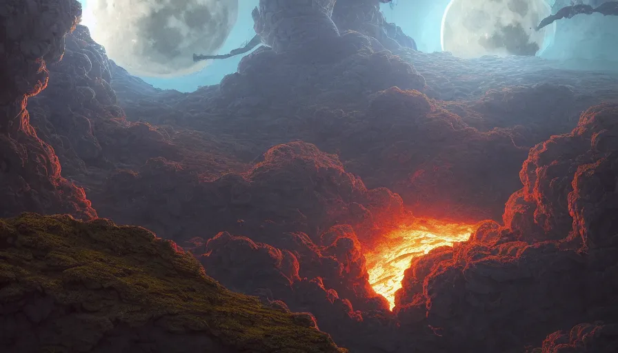Image similar to A highly detailed matte painting of when the moon crashed into the earth, big explosions fire and smoke, by Studio Ghibli, Makoto Shinkai, by Artgerm, by beeple, by Greg Rutkowski, volumetric lighting, octane render, 4K resolution, trending on artstation, masterpiece