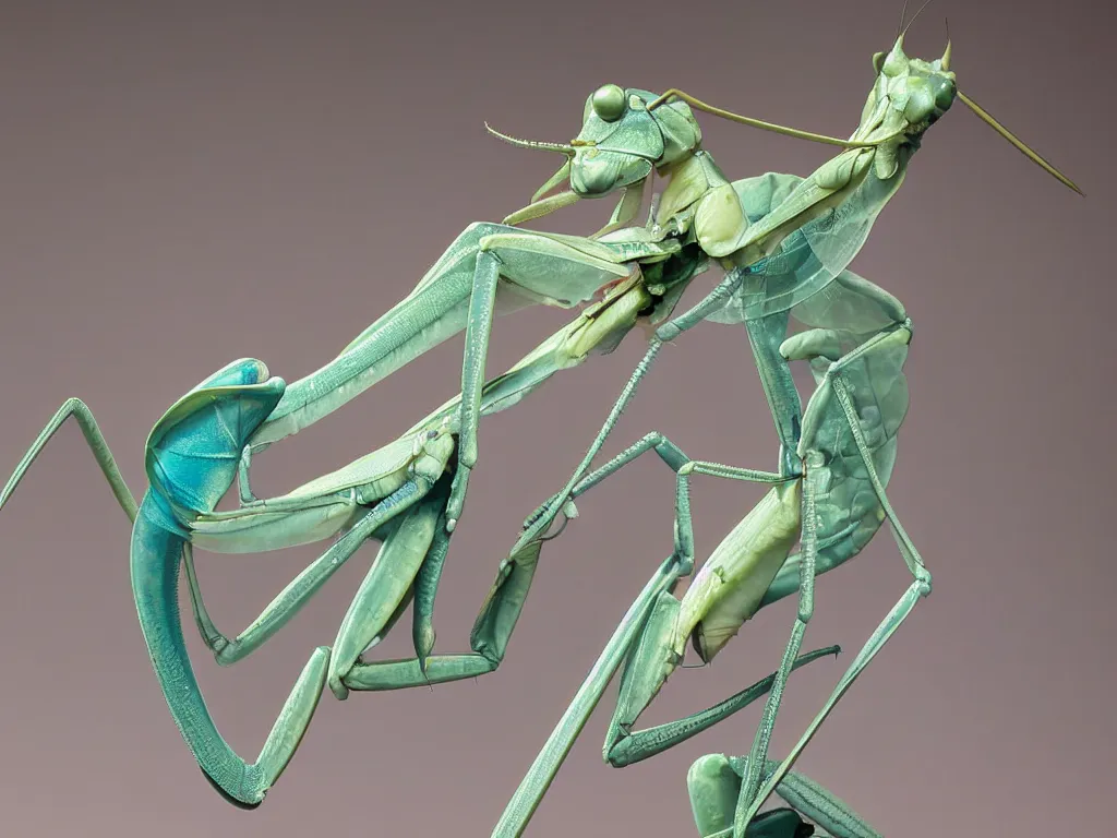 Image similar to close - up of a blue praying mantis. orchid mantis standing. petri dish art. subsurface scattering, translucency, backlit, diffused, smooth. studio photography high quality highly detailed award winning photograph by national geographic, by slim aarons. complementary color scheme. ( sculpture by antonio canova )