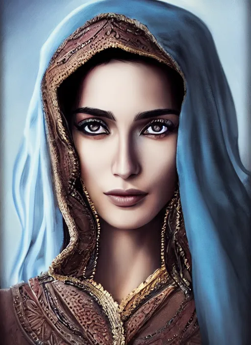 Image similar to Beautiful Arab Ameera Al taweel, blue eyes, leather, portrait, fantasy, medieval, oil colors, elegant, concept art, sharp focus, beautiful face, digital art, Hyper-realistic, 4K, Unreal Engine, Highly Detailed, HD, Dramatic Lighting by Brom, trending on Artstation