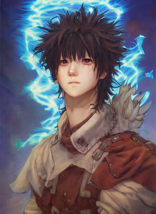 Image similar to prompt : ragnarok online portrait soft light painted by james jean and erik jones, inspired by akira anime, epic fantasy, a young long haired peasant boy with dark skin, brown skin, a dark complexation in plain fantasy clothing with intelligent eyes, intricate oil painting, high detail illustration, sharp high detail, manga and anime 1 9 9 9