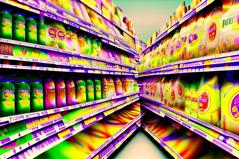 Image similar to lsd trip in the supermarket. super realistic 8 k render of a elegant, cinematic composition