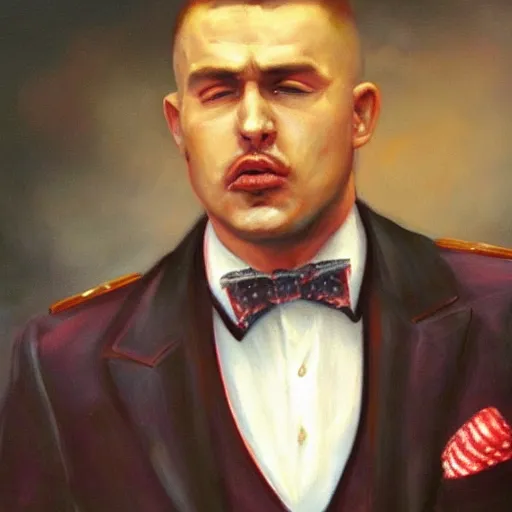 Prompt: a close - up canvas painting of a realistic gangster irish man with a fade haircut, lighting a cigar, wearing a suit and bowtie, highly detailed