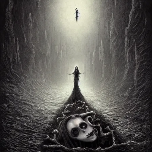 Image similar to grunge cartoon drawing of the end of the world by - michael karcz , in the style of corpse bride, horror themed, detailed, elegant, intricate