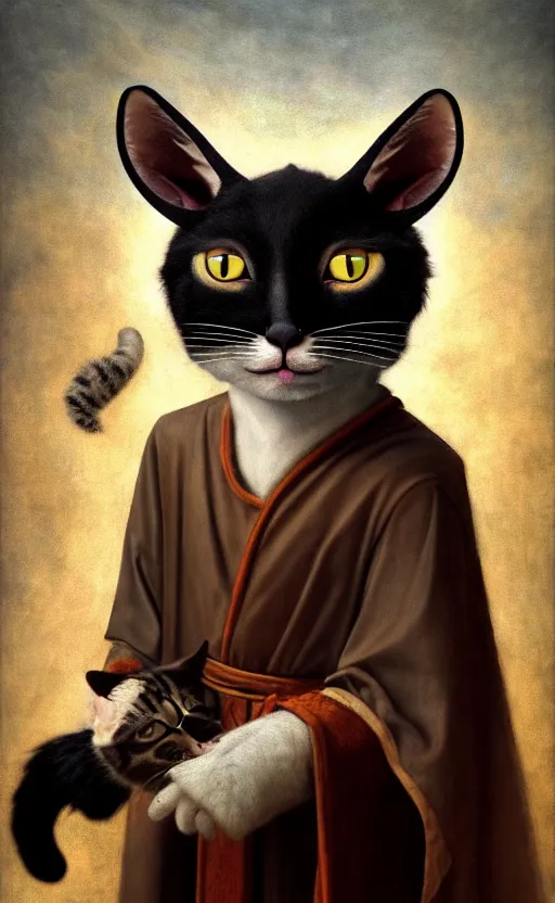 Prompt: a bipedal cat that has goat horns, anthropomorphic cat that is wearing robes, oil painting, by leonardo da vinci, dnd, character reveal, cosmic, magical, fog, noble, full body portrait, extremely detailed, cult, ritual, 4 k, 8 k