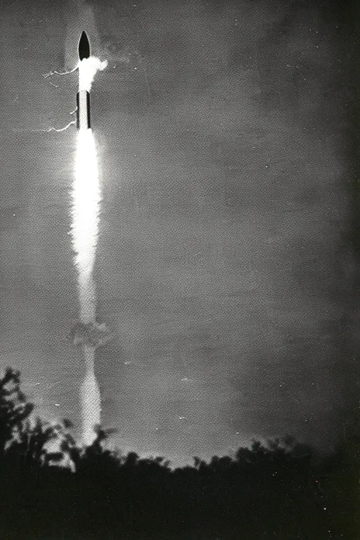 Image similar to photograph of a 1 9 6 0 s era rocket launching and leaving huge plumes of smoke, cinematic, volumetric lighting, night, thunder