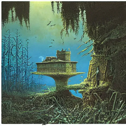Prompt: pillbox paragonpunk fortress half-submerged in a noxious Swamp, by Colleen Doran and by Angus McBride and by Ted Nasmith, low angle dimetric rendering, centered, 1-point perspective