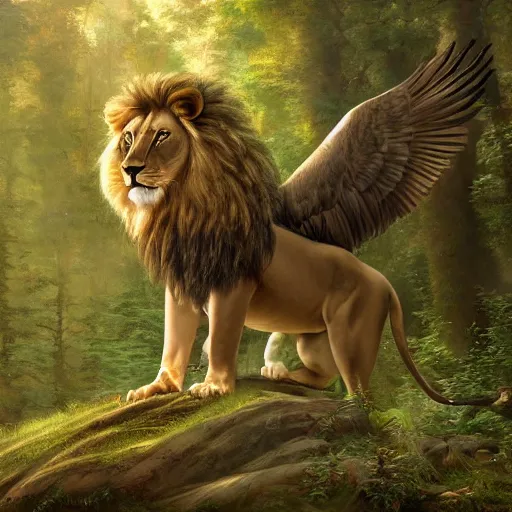 Prompt: A beautiful detailed painting of a lion with the head and wings of an eagle in a magical forest, ray traced sun light, by john sargent and Kalin Popov , Trending on artstation HD.