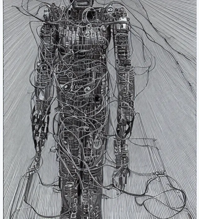 Image similar to a robotic god made of wires, electricity, and cables in the style of jean giraud in the style of moebius trending on artstation deviantart pinterest detailed realistic hd 8 k high resolution