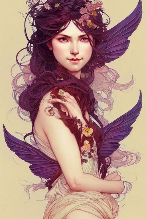 Image similar to portrait of woman with flowy hair, bird wings, confident pose, pixie, genshin impact, intricate, elegant, sharp focus, illustration, highly detailed, concept art, matte, trending on artstation, bright colors, art by wlop and artgerm and greg rutkowski, mucha, marvel comics