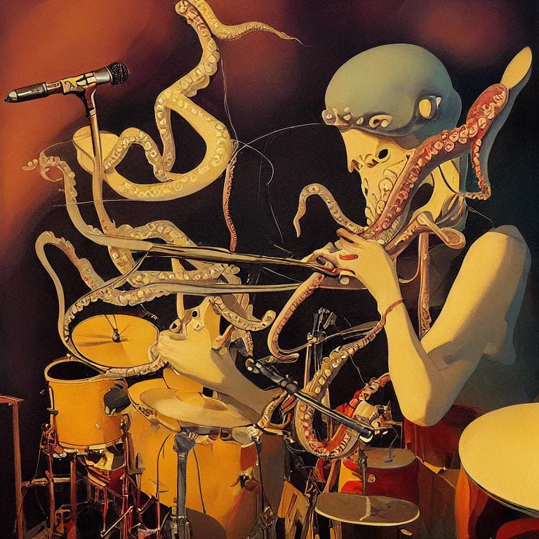 Image similar to a beautiful painting by etam cru of an octopus playing drums and telecaster guitar in an electronic concert, dark background, concert light, dark mood, warm lights