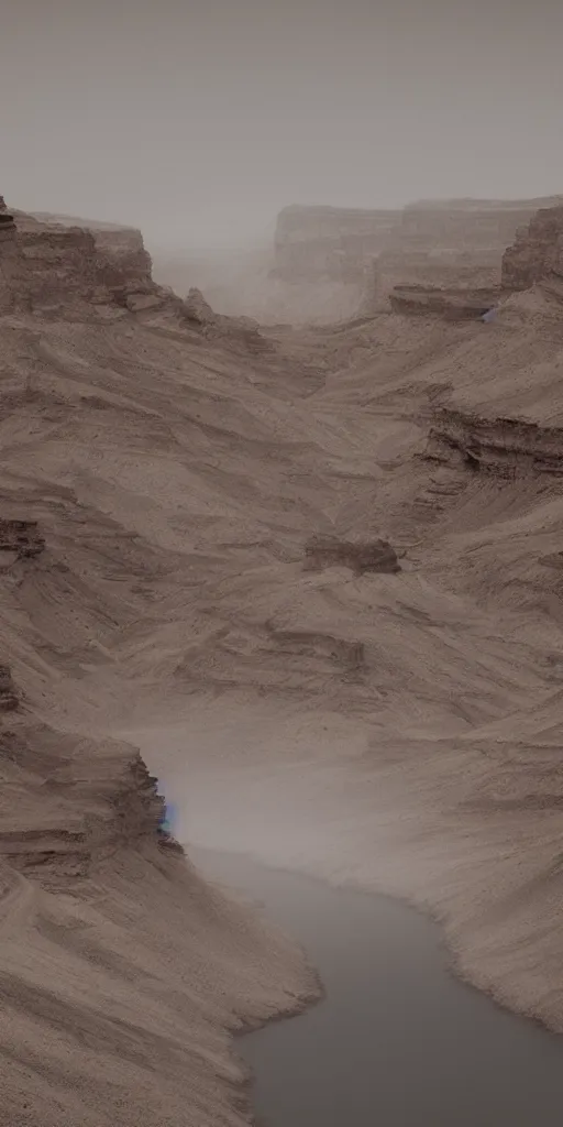 Image similar to dream looking through a hyper realistic photograph of a barren dusty canyon, minimal structure, misty, raining, icelandic valley, small stream, in the style of reuben wu, roger deakins