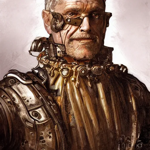 Image similar to portrait, headshot, digital painting, of a old 17th century, old cyborg merchant, amber jewels, baroque, ornate clothing, scifi, realistic, hyperdetailed, chiaroscuro, concept art, art by Franz Hals and Jon Foster