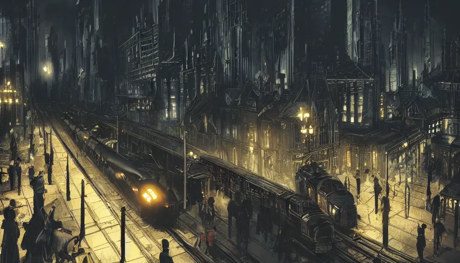 Image similar to neo - gothic gotham city crowded train station with trains, outside, night, hyperdetailed, artstation, cgsociety, 8 k