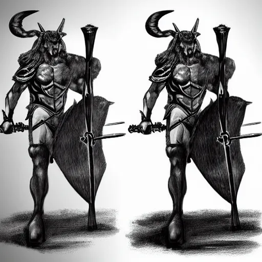 Image similar to a noble, fierce Minotaur warrior with black fur, carrying a battleaxe, fantasy drawing, concept design