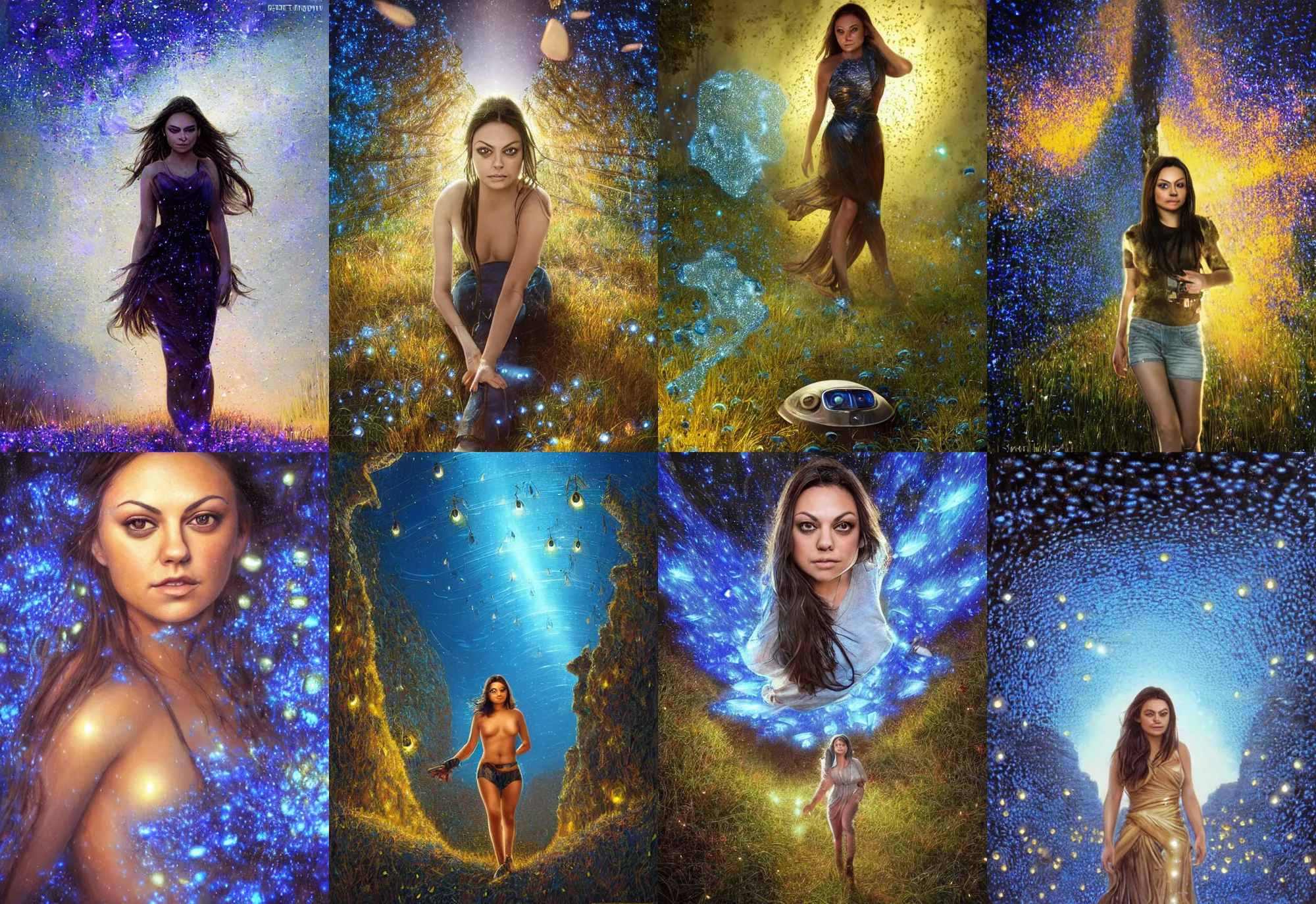 Prompt: beautiful portret of mila kunis as a robot walking through blue glowing fireflies, epic vista dark ruins castle stones, 2 0 0 mm focal length, sundown, golden hour firefly wisps, steve hanks, charlie bowater, steve henderson, justin gerard, mark keathley, victor nizovtsev, ross tran, wlop, hajime sorayama