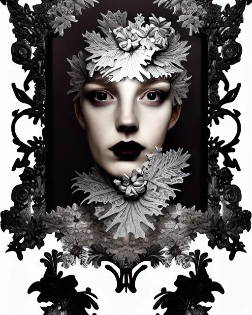 Image similar to masterpiece monochrome profile portrait painting, dutch masters, silver lace floral steampunk biomechanical beautiful one techno eye young female cyborg, big monocular, volumetric light, leaves foliage and stems, hibiscus flowers, by cecile beaton, rim light, big gothic fashion pearl embroidered collar, 8 k