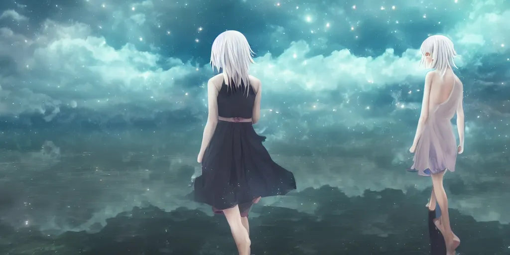 Prompt: white haired girl walking in cloud pond night, shattered sky, fractal dreamscape, cinematic, mirror reflection, vibrant colors, digital anime illustration, award winning,