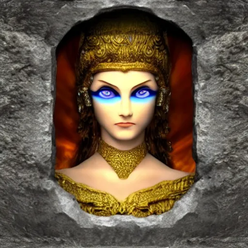 Image similar to mysterious divine goddess with bright blue eyes in a dark cave, photo 3 d,