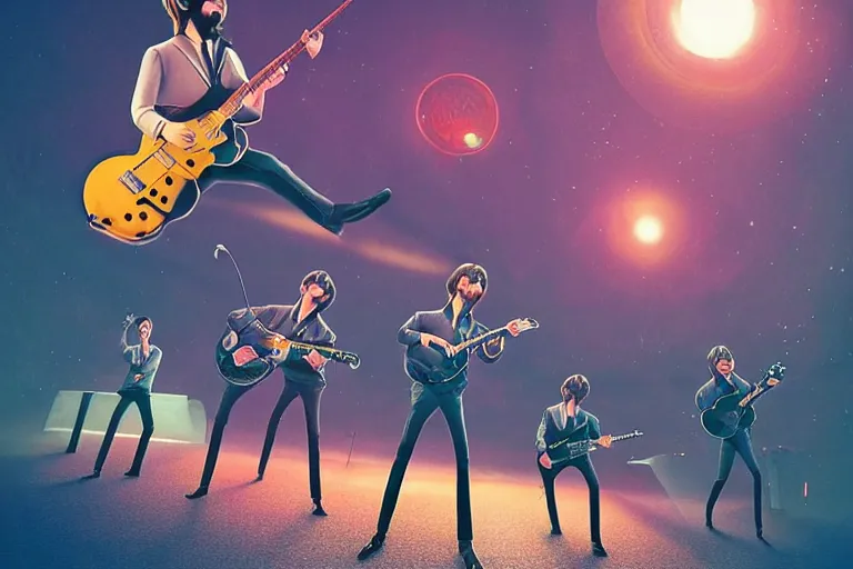 Prompt: the beatles performing with guitars, a giant flying minion at background, sci fi, art by mike winkelmann, trending on cgsociety, retrofuturism, darksynth, sci - fi