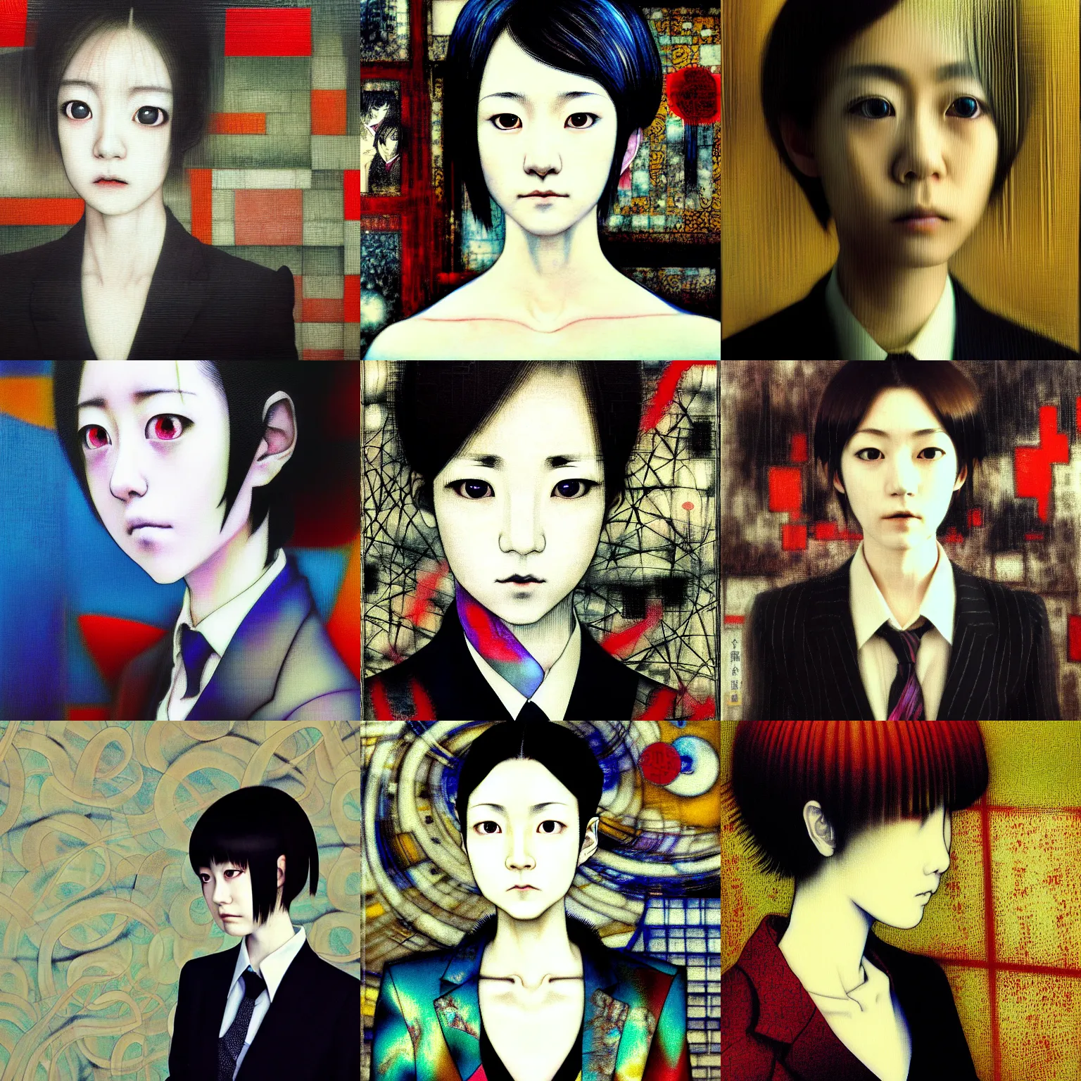 Image similar to yoshitaka amano blurred and dreamy realistic three quarter angle portrait of a young woman with short hair and black eyes wearing office suit with tie, junji ito abstract patterns in the background, satoshi kon anime, noisy film grain effect, highly detailed, renaissance oil painting, weird portrait angle, blurred lost edges