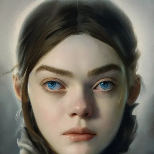 Image similar to ultra realistic medium shot head and shoulders masterpiece matte portrait painting of elle fanning in dishonored, cosmic horror, artstation, art by frank frazetta and sachin teng, 4 k, ultra realistic, highly detailed, epic lighting