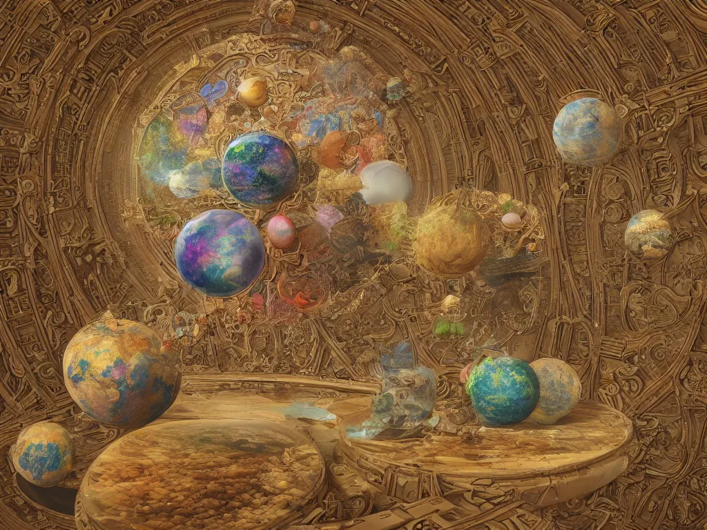 Image similar to The universe is a spheroid region 705 meters in diameter, 3d render, Sunlight Study, by Clara Peeters and ((((Lisa Frank)))), Art Nouveau, 8k, extreme detail, sharp focus, octane render