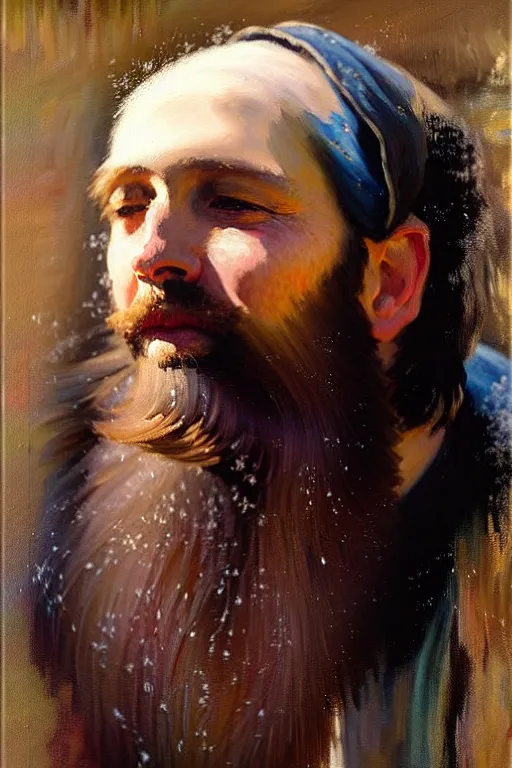 Image similar to impressionist brushstrokes!!!!!!!!! solomon joseph solomon and richard schmid and jeremy lipking victorian loose genre loose painting full length portrait painting of jesus with a slight smile happy inviting