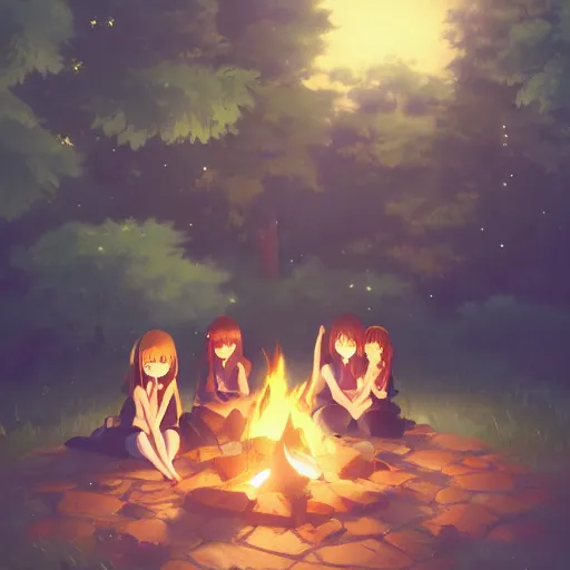 Prompt: very beautiful cute girls sitting around campfire at night, masterpiece, cinematic, Deviant Art, anime art, trending on artstation, pixiv, makoto shinkai, manga cover