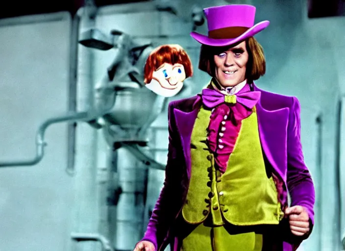 Image similar to film still of Jim Carrey as Willy Wonka in Willy Wonka and the Chocolate Factory 1971