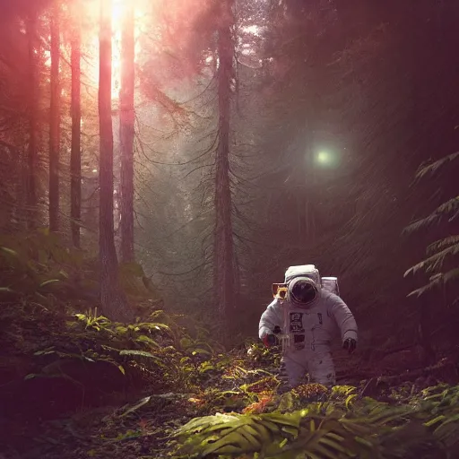 Image similar to american astronaut in the forest, plants environment, wide angle, cinematic lighting, atmospheric, realistic, octane render, highly detailed, in the style of craig mullins