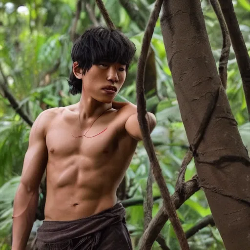 Image similar to jungle book mowgli who is a 2 0 year old korean with large muscles and with long unkempt and slightly curly hair, holding a torch in one hand and an iphone in the other hand, standing in the jungles of jeju island