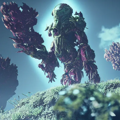 Prompt: corrupted sentinel enjoying picking up flower on infested planet, volumetric cinematic 4 k