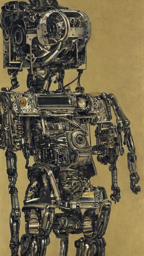 Image similar to robot painting a robot on canvas, intricate, highly detailed, photorealistic, film still, by hans thoma.