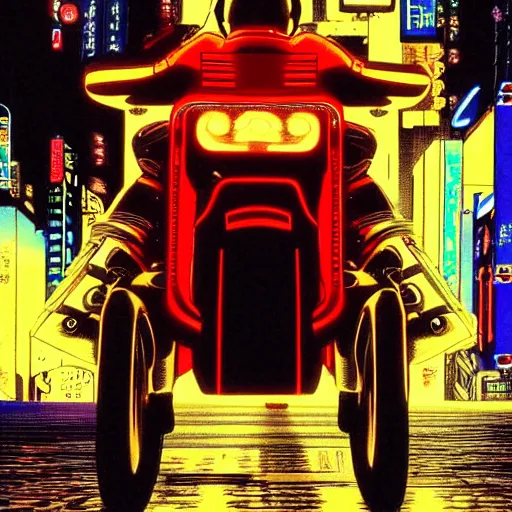 Image similar to kaneda on his motorcycle in neo tokyo looking for akira, night, neon lights, speed, art by katsuhiro otomo, ultra detailed, 8 k