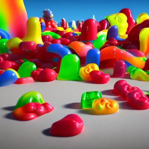 Image similar to playground made entire of gummy candy, octane render, highly detailed sugar, ue 5, realistic lighting, white background