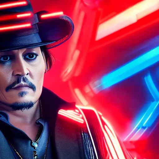 Prompt: johnny depp in the new tron movie. action sequence. movie poster. depth of field. stark contrast. cinematic. technicolor. 8k. octane render.