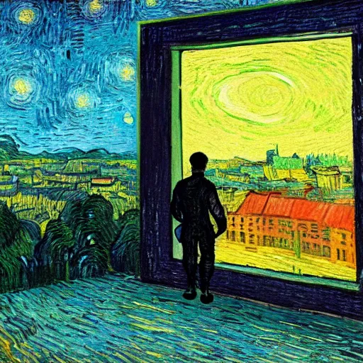 Image similar to painting of the last human on earth watching annalien invasion descending onto a city, in the style of Vincent Van Gogh and Edward Hopper