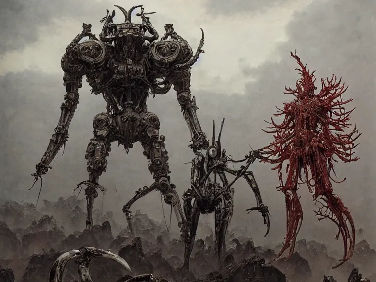 Image similar to still frame from Prometheus by Jakub Rozalski and utagawa kuniyoshi, infinite Hell Scape with gigantic mecha demon and ornate bone cyborgs by Wayne Barlowe by peter Mohrbacher by Giger, dressed by Alexander McQueen and by Neri Oxman, metal couture hate couture editorial