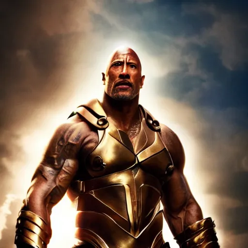 Image similar to film still of Dwayne Johnson playing Heimdall in Thor, 4k