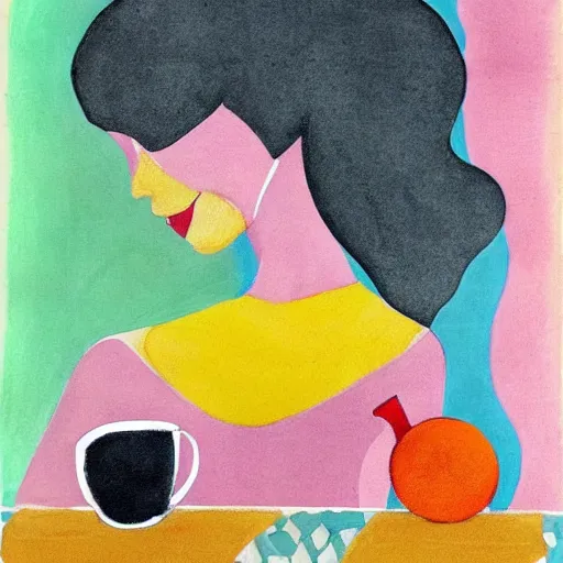 Prompt: beautiful lady, drinking tea, fruit basket, painting, abstract, clean shapes, print, litography pastel colors, ink lines