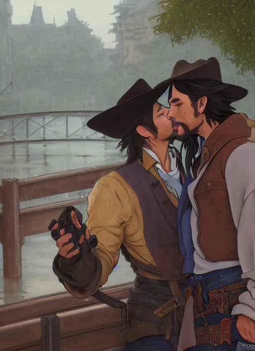 Image similar to mccree kissing hanzo on a bridge in the rain, path traced, highly detailed, high quality, digital painting, by studio ghibli and alphonse mucha, leesha hannigan, makoto shinkai, disney