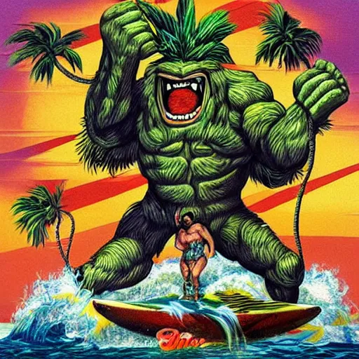 Image similar to A rampaging giant tropical tiki, stomping on cars and holding a screaming woman in his hand lurid surf art style, high detail,