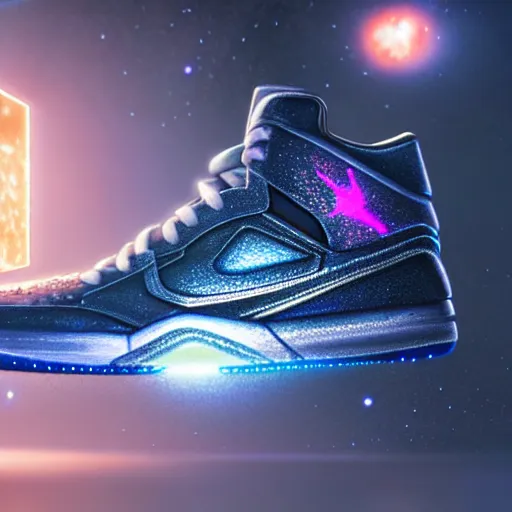 Prompt: galaxy jordans, realistic, 8 k, extremely detailed, cgi, trending on artstation, hyper - realistic render, 4 k hd wallpaper, premium prints available, octane render, award winning, by greg rutkowski