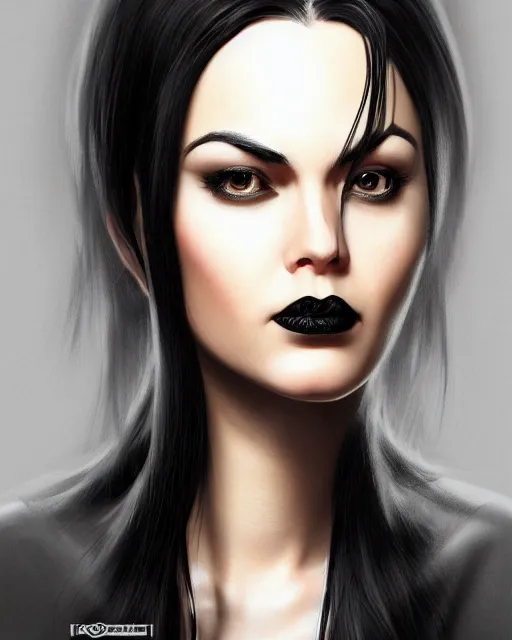 Image similar to portrait of a tall 4 0 - year - old woman with thin lips, long, lush black hair like a crown black, and thick eyebrows, wearing in black clothes, hyper realistic face, beautiful eyes, character art, art by mark brooks, hyperdetailed, cryengine, trending on artstation, digital art