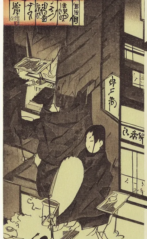 Prompt: by akio watanabe, manga art, a male calligrapher drawing ideograms inside a warm inn, trading card front, winter season, realistic anatomy