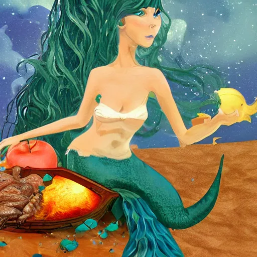 Prompt: A beautiful mermaid cooked in a huge pan over a fire, an apple in her mouth, epic fantasy, detailled