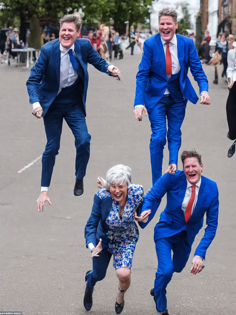 Prompt: Sir Kier Starmer wearing a blue suit laughing as he chases an old lady-n 4