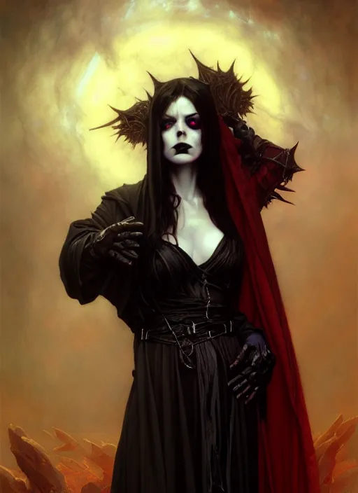 Image similar to female goth necromancer, robes, full body, hyper realistic, extremely detailed, dnd character art portrait, dark fantasy art, intricate fantasy painting, dramatic lighting, vivid colors, deviantart, artstation, by edgar maxence and caravaggio and michael whelan and delacroix.