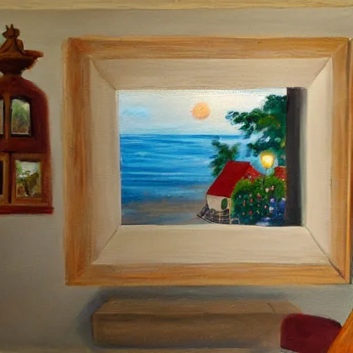 Image similar to A painting of a cozy cottage with a view of the beach