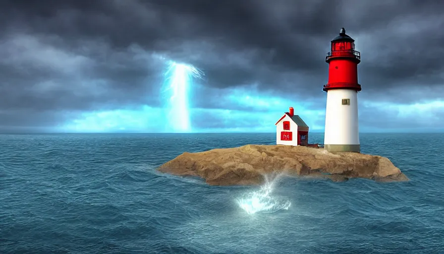 Image similar to a water spout approaches a lighthouse out at sea, digital art, highly detailed, realistic, bright colors, 8 k